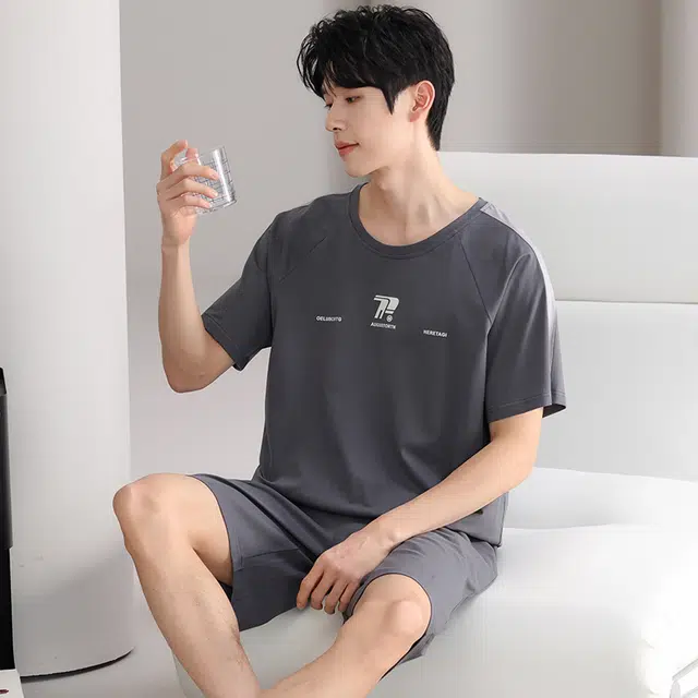 俏薇妮 简约柔软运动休闲舒适凉爽透气可外穿短袖五分裤夏季睡衣套装 男款 深灰色
