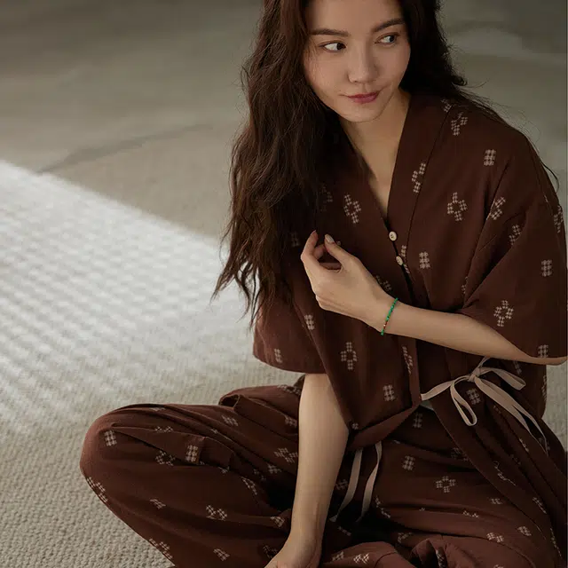 俏薇妮 美拉德短袖长裤纯棉和服实用宽松薄款可外穿休闲舒适家居服睡衣套装 女款 棕色