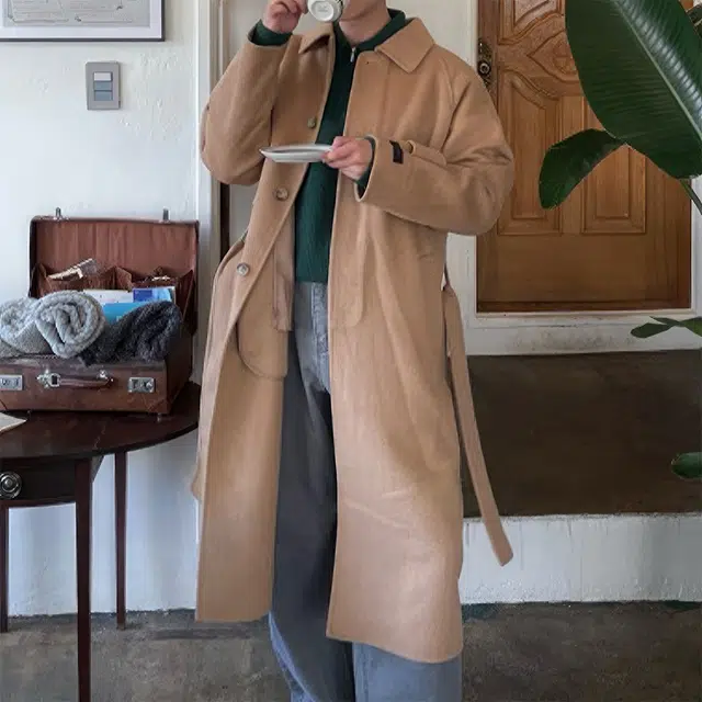 我是大卫 纯色中长款宽松毛呢大衣 男女同款
