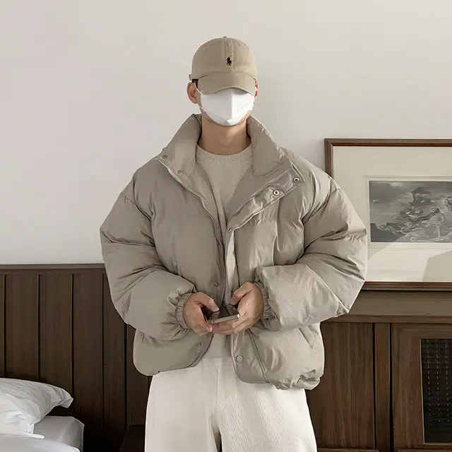 我是大卫 日系短款纯色立领保暖加厚面包棉服 男女同款 浅卡其色