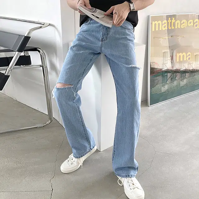 我是大卫 破洞设计宽松休闲直筒牛仔裤 男女同款 浅蓝色