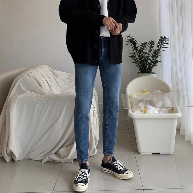 我是大卫 美式复古水洗弹力休闲百搭小脚九分牛仔裤 男女同款 蓝色