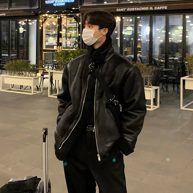 我是大卫 纯色机车服皮毛一体加厚夹克 男女同款 黑色