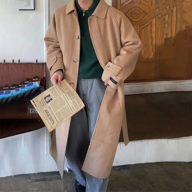 我是大卫 纯色中长款宽松毛呢大衣 男女同款
