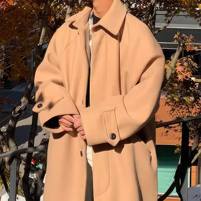我是大卫 纯色中长款宽松毛呢大衣 男女同款