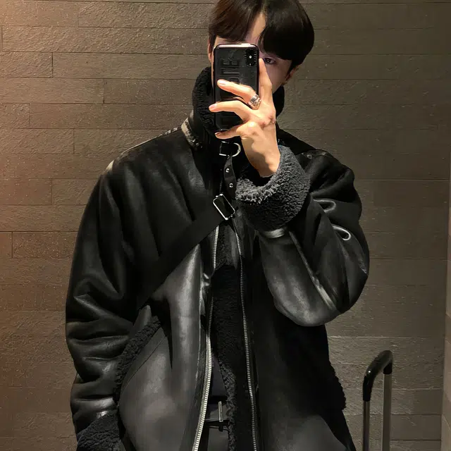 我是大卫 纯色机车服皮毛一体加厚夹克 男女同款 黑色
