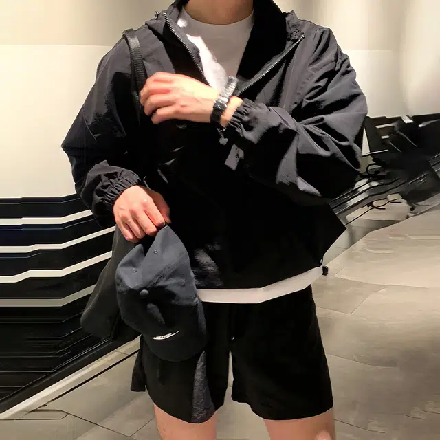 我是大卫 纯色连帽套头宽松长袖夹克外套 男款 黑色