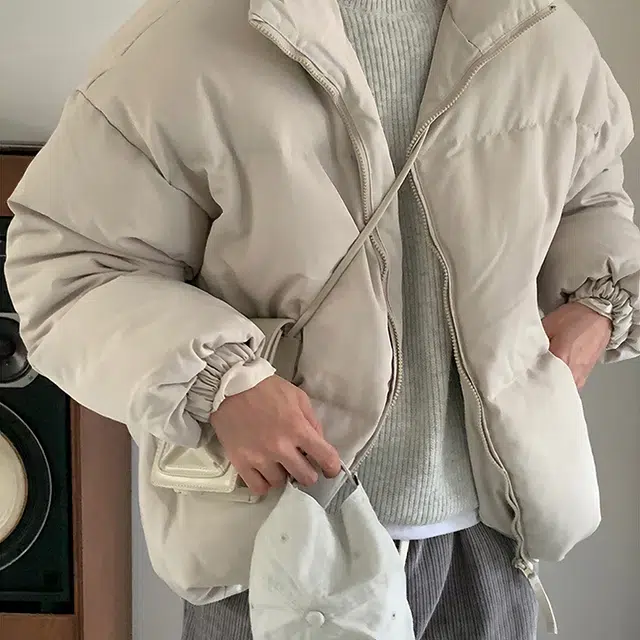 我是大卫 日系简约纯色宽松休闲立领棉服外套 男女同款 米白色