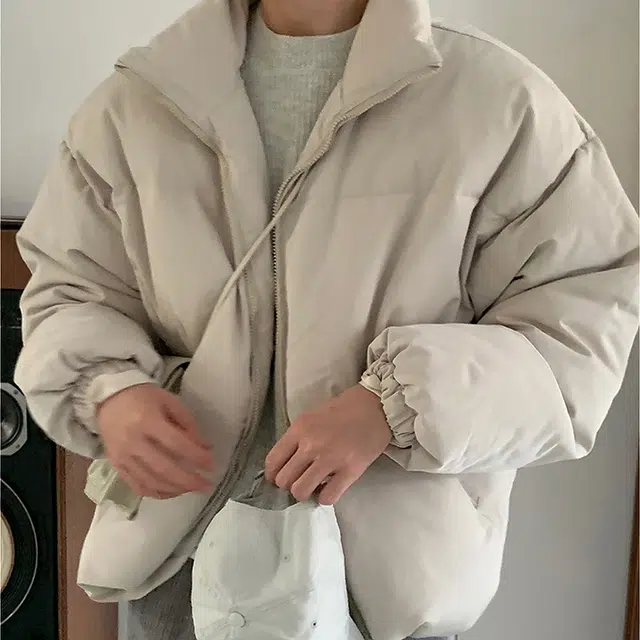 我是大卫 日系简约纯色宽松休闲立领棉服外套 男女同款 米白色