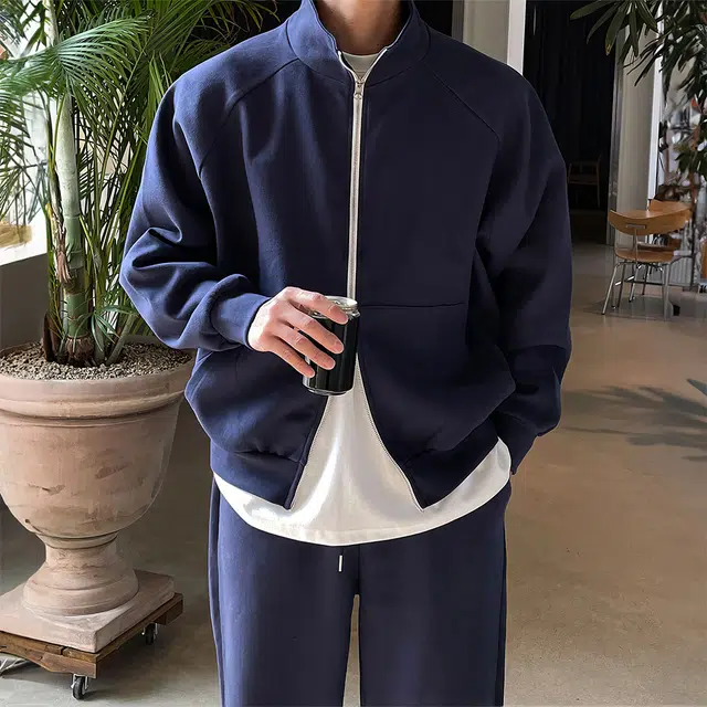 我是大卫 纯色立领双开拉链宽松休闲卫衣 男女同款 深蓝色