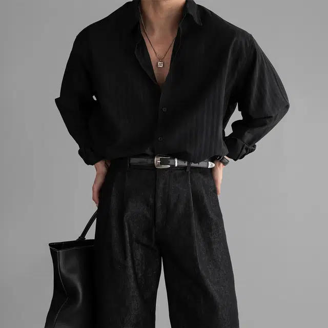 寻星记 韩系简约高级感美式时尚潮牌翻领纯色条纹宽松轻熟风上衣长袖衬衫 男女同款