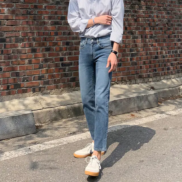 我是大卫 纯色拉链时尚九分水洗复古高级感牛仔裤 男女同款 蓝色