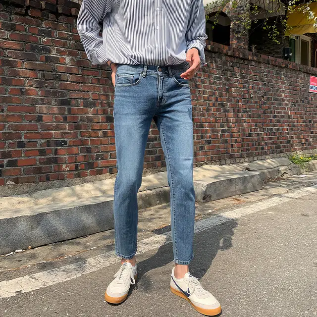 我是大卫 纯色拉链时尚九分水洗复古高级感牛仔裤 男女同款 蓝色