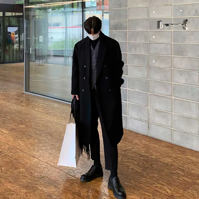 我是大卫 黑色韩版宽松毛呢大衣男秋冬季长款高级感俄式英伦风过膝外套风衣 男女同款