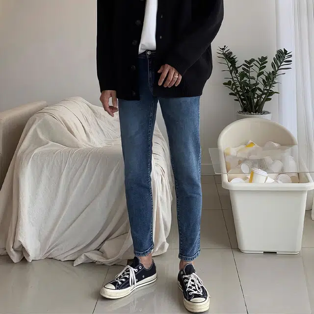 我是大卫 美式复古水洗弹力休闲百搭小脚九分牛仔裤 男女同款 蓝色