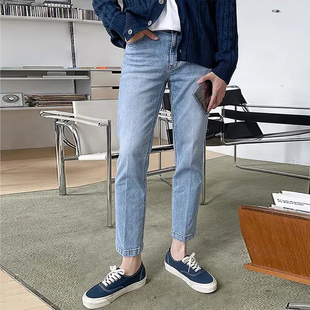 我是大卫 水洗修身直筒九分牛仔裤 男女同款 浅蓝色