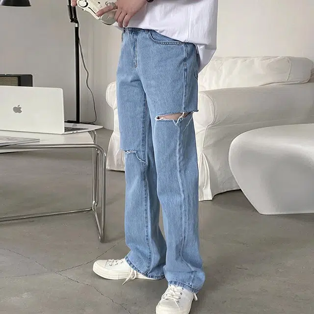 我是大卫 破洞设计宽松休闲直筒牛仔裤 男女同款 浅蓝色
