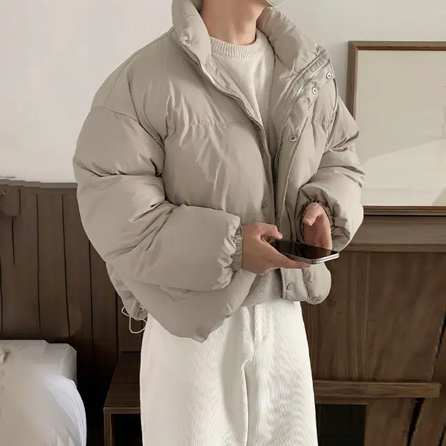 我是大卫 日系短款纯色立领保暖加厚面包棉服 男女同款 浅卡其色