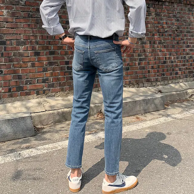 我是大卫 纯色拉链时尚九分水洗复古高级感牛仔裤 男女同款 蓝色