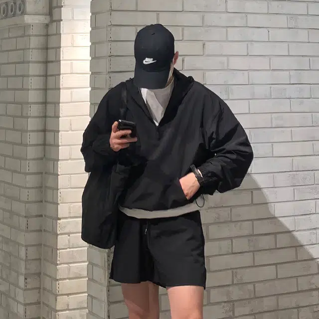 我是大卫 纯色连帽套头宽松长袖夹克外套 男款 黑色