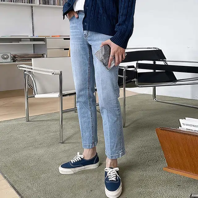 我是大卫 水洗修身直筒九分牛仔裤 男女同款 浅蓝色