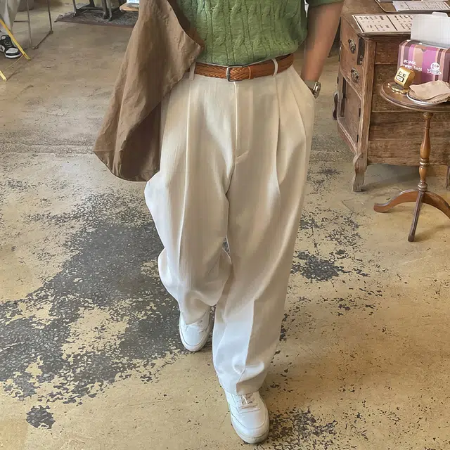 我是大卫 日系纯色简约直筒垂感阔腿宽松休闲裤 男女同款 米白色