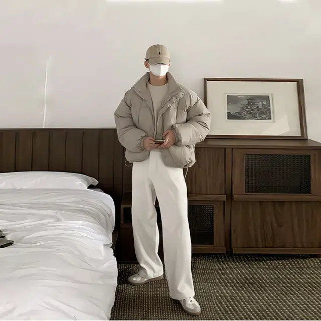 我是大卫 日系短款纯色立领保暖加厚面包棉服 男女同款 浅卡其色
