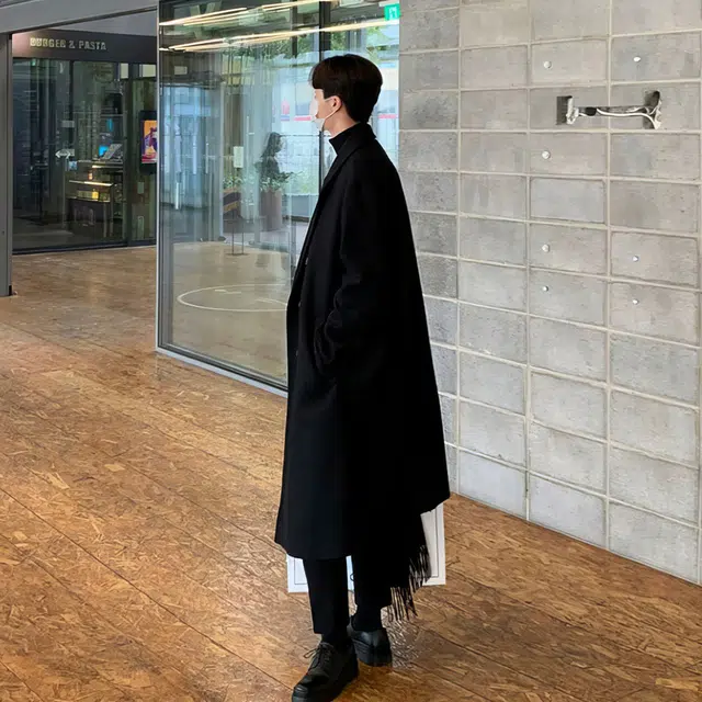 我是大卫 黑色韩版宽松毛呢大衣男秋冬季长款高级感俄式英伦风过膝外套风衣 男女同款