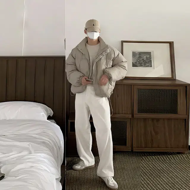 我是大卫 日系短款纯色立领保暖加厚面包棉服 男女同款 浅卡其色