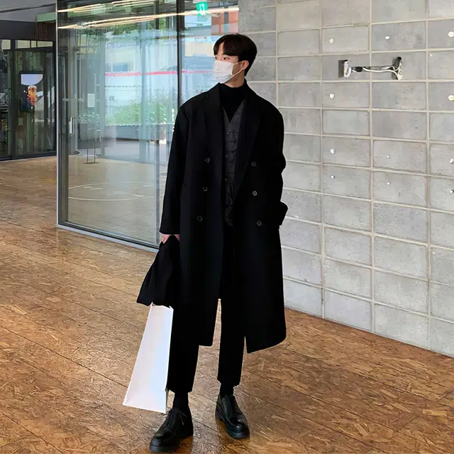 我是大卫 黑色韩版宽松毛呢大衣男秋冬季长款高级感俄式英伦风过膝外套风衣 男女同款