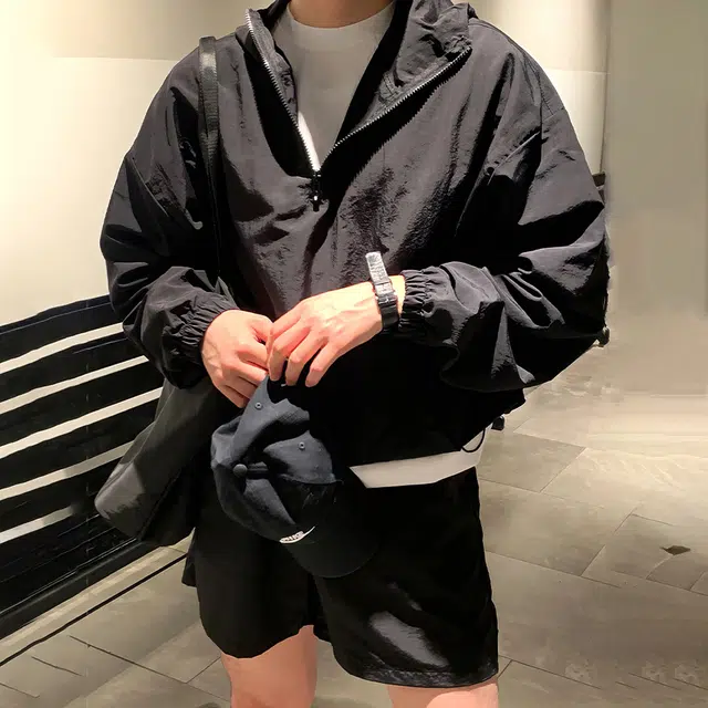 我是大卫 纯色连帽套头宽松长袖夹克外套 男款 黑色