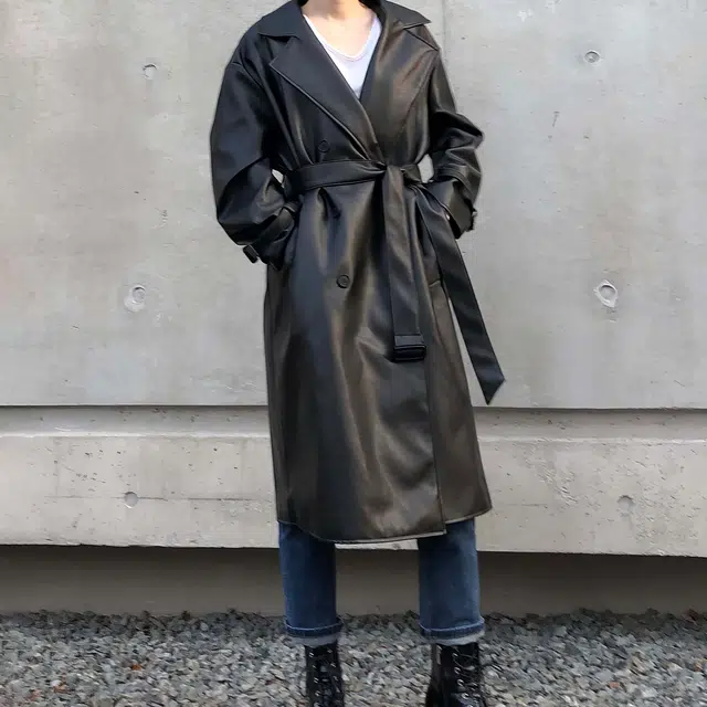 我是大卫 美式个性帅气中长款双排扣韩版宽松百搭皮衣 男女同款 黑色