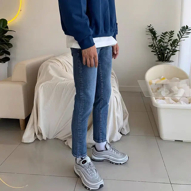 我是大卫 美式复古水洗弹力休闲百搭小脚九分牛仔裤 男女同款 蓝色