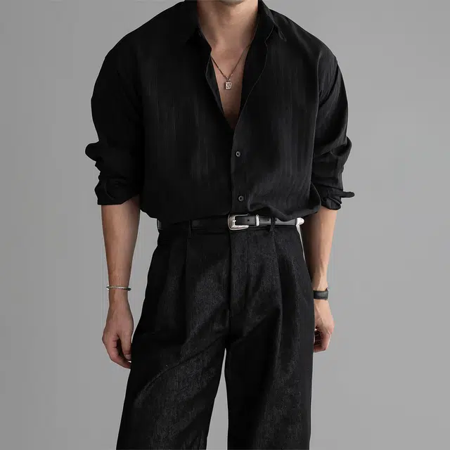 寻星记 韩系简约高级感美式时尚潮牌翻领纯色条纹宽松轻熟风上衣长袖衬衫 男女同款