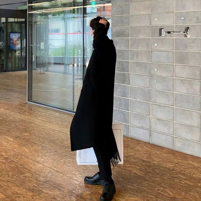 我是大卫 黑色韩版宽松毛呢大衣男秋冬季长款高级感俄式英伦风过膝外套风衣 男女同款