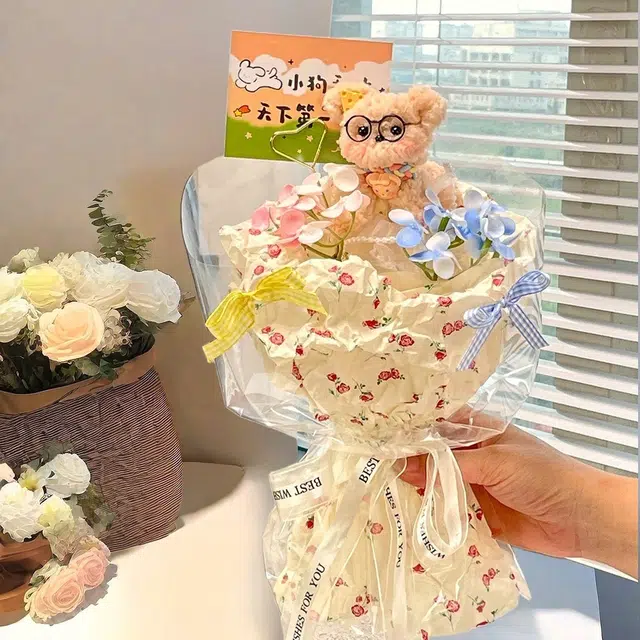 雅阁 成品扭扭棒小狗花束布偶 治愈 玩偶周边