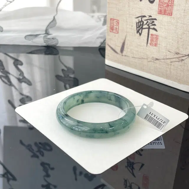 翠亨祥 糯化满圈飘蓝花 糯种 翡翠手镯 女款