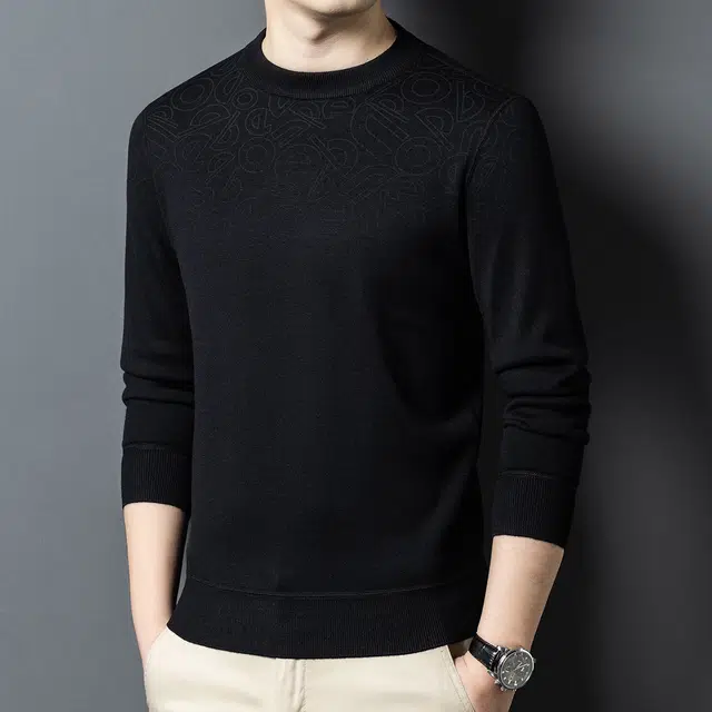 爱登堡 绵羊毛桑蚕丝混纺渐变字母暗纹舒适耐穿不变形百搭保暖通勤圆领套头针织衫 男款