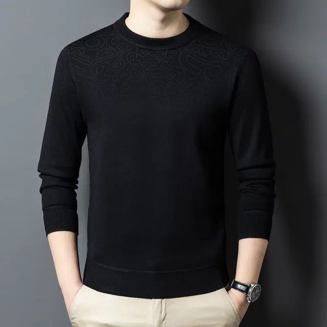 爱登堡 绵羊毛桑蚕丝混纺渐变字母暗纹舒适耐穿不变形百搭保暖通勤圆领套头针织衫 男款