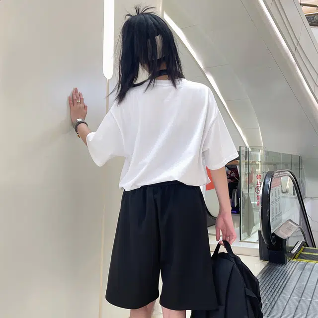鸭鸭 多巴胺美式高街基础款纯色通勤百搭透气舒适简约大码高级感时尚运动百搭 阔腿裤学院风中腰系带五分裤休闲短裤 男女同款
