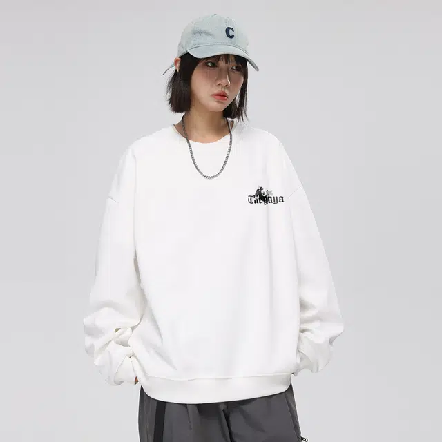 鸭鸭 美式复古系列 基础款欧美女孩字母印花设计感青少年潮牌学院风街头学生党好物宽松休闲百搭上衣落肩垂感圆领卫衣 男女同款