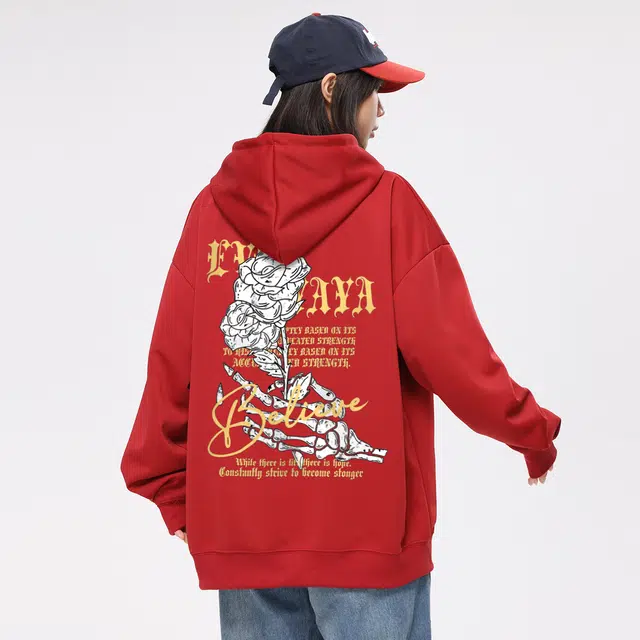 鸭鸭 过年本命年酒红色连帽秋冬季新款卫衣 男女同款