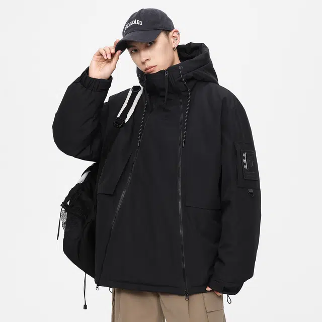 鸭鸭 山系户外加厚保暖对称多拉链城市机能风休闲连帽套头宽松羽绒服 男女同款