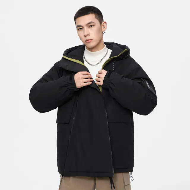 鸭鸭 山系户外加厚保暖对称多拉链城市机能风休闲连帽套头宽松羽绒服 男女同款