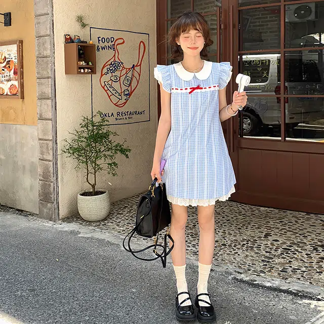花蔓色 法式甜美减龄小飞袖格子短款公主裙短袖连衣裙 女款