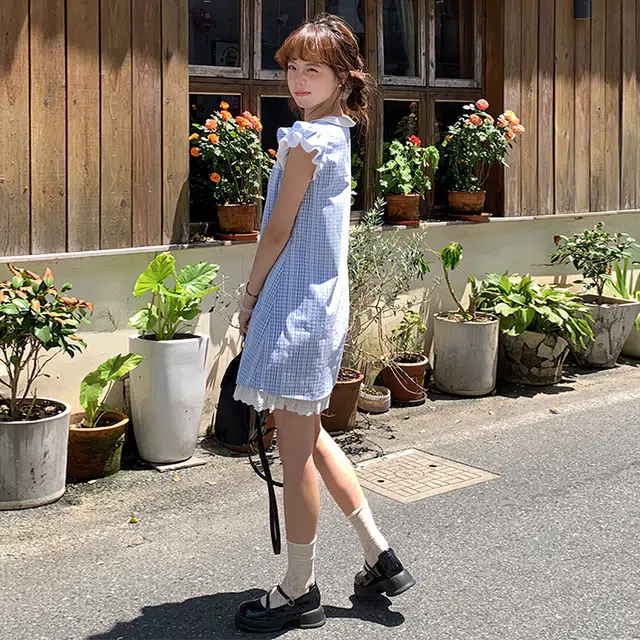 花蔓色 法式甜美减龄小飞袖格子短款公主裙短袖连衣裙 女款