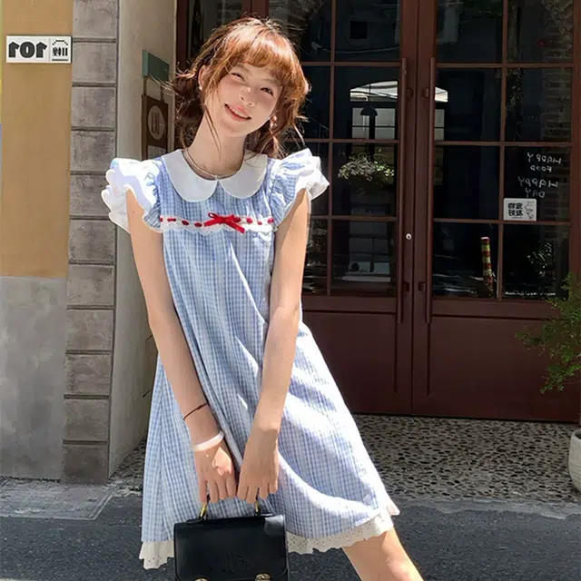 花蔓色 法式甜美减龄小飞袖格子短款公主裙短袖连衣裙 女款