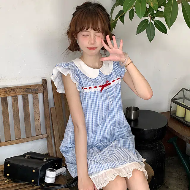 花蔓色 法式甜美减龄小飞袖格子短款公主裙短袖连衣裙 女款