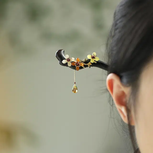 凤凰涅磐 黑檀木古风简约现代汉服头饰步摇盘发 木质 石榴石 亚克力 琉璃 镀金花枝 发簪 女款 礼物 礼盒