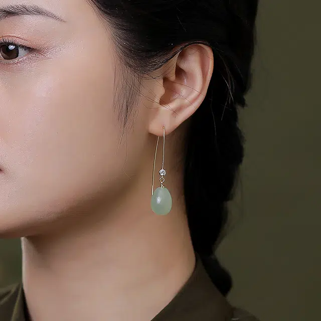 凤凰涅磐 新中式水滴 复古中国风民族风配旗袍汉服 岫玉（蛇纹石玉） 玉石耳环 女款